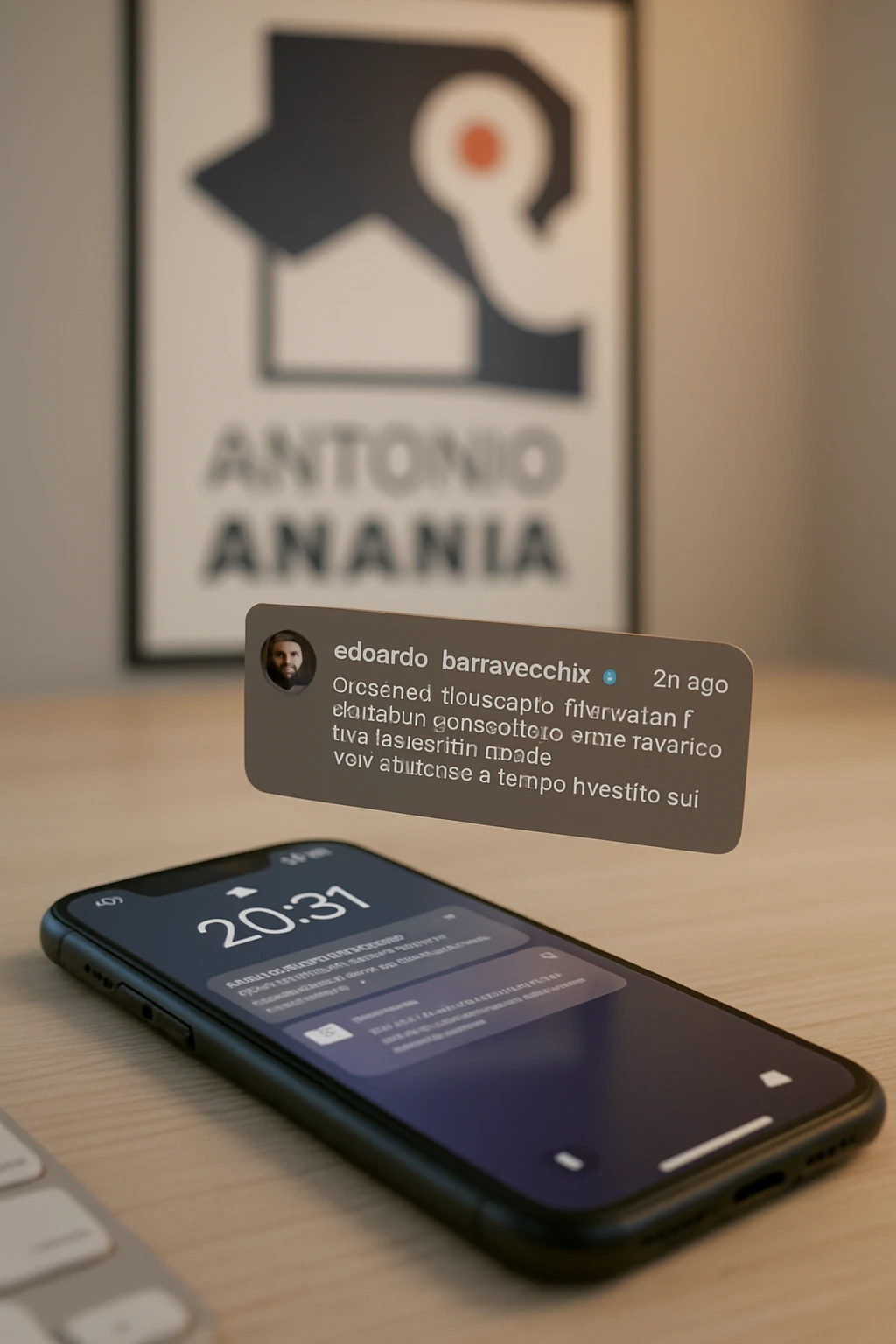 A photo of an iPhone with the message "Antonio Anania" on its screen, The phone sits atop a desk with a blurred background that suggests work environment. A faint glow from above casts gentle shadows across the surface of each object, creating depth and highlighting their textures. emoji