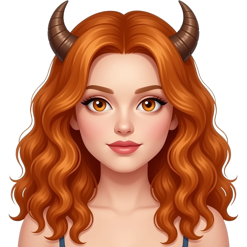 sexy girl with long curly ginger hair and ginger eyes with horns emoji