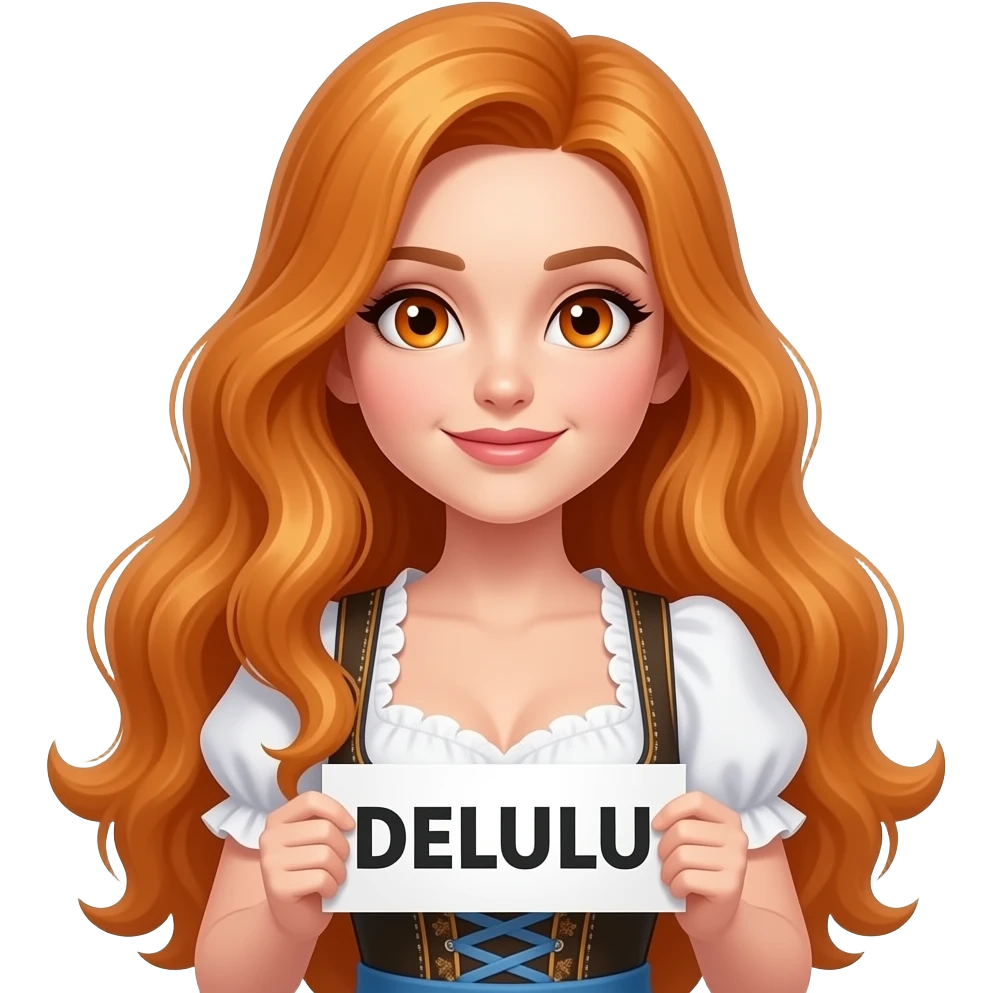 sexy girl with overlong ginger hair and ginger eyes wearing a dirndl holding DELULU sign emoji