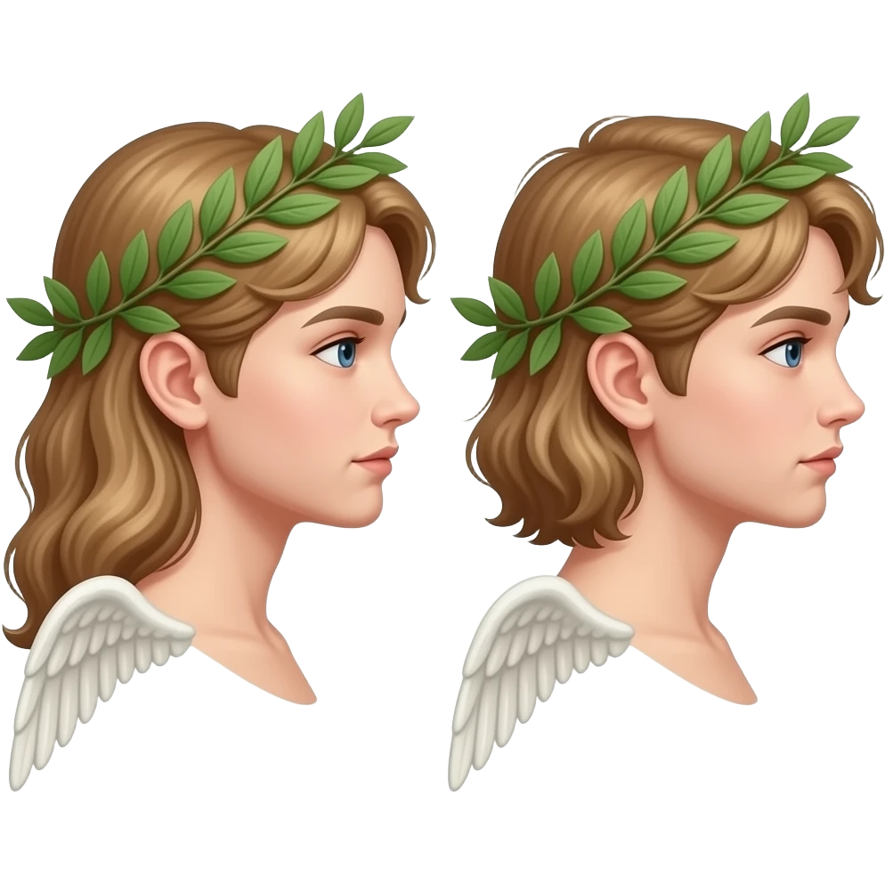 twins, two faces in profile in a parallel composition, they have small wings instead of ears and a laurel wreath around their heads emoji