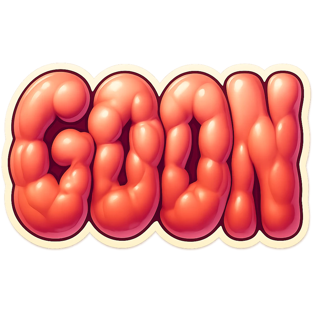 Modify the anatomy of the muscles under the glossy skin of the word GOON to be more amorphous and less anatomically defined, with exaggerated, blobby, and abstract muscle shapes. Maintain the retro sticker style and keep no background (transparent). emoji