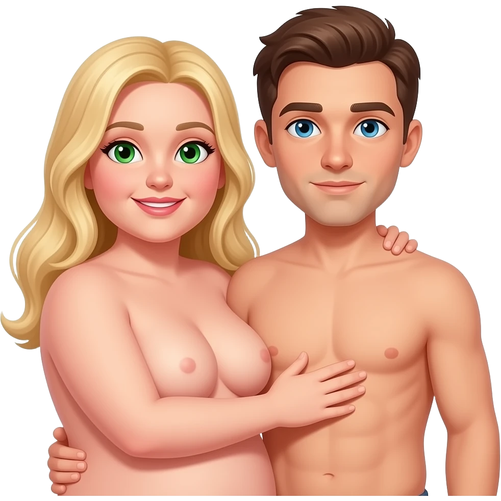 A heavy set naked white woman with blond hair and green eyes holding a naked white male with brown hair and blue eyes n emoji