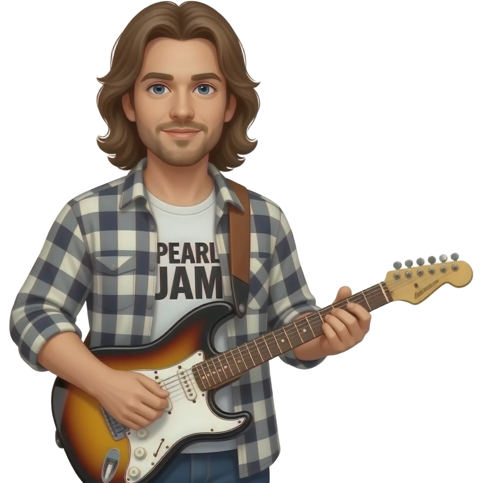 man with long brown hair, electro guitar, checkered shirt wide open white t-shirt under,  Text "pearl jam"  good readable on the shirt emoji