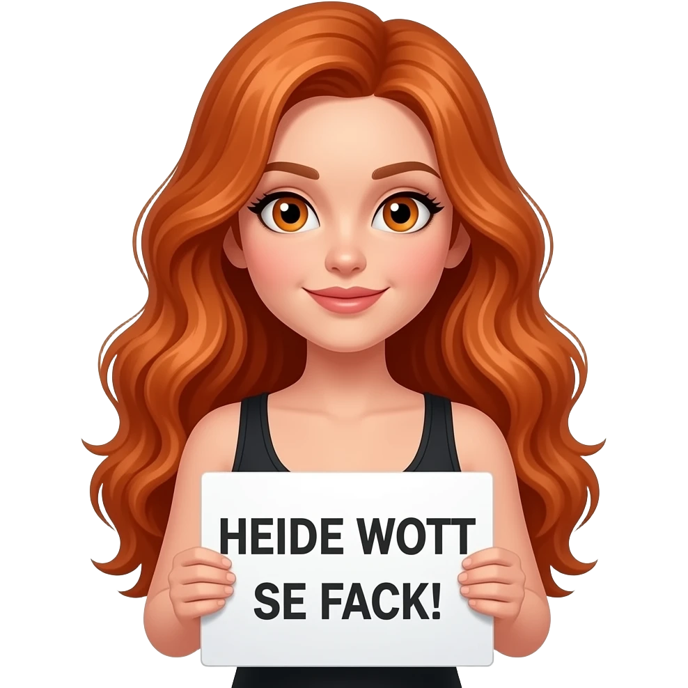 sexy girl with long wavy ginger hair and ginger eyes wearing a black tanktop is holding a white sign with HEIDE WOTT SE FACK! written on it emoji