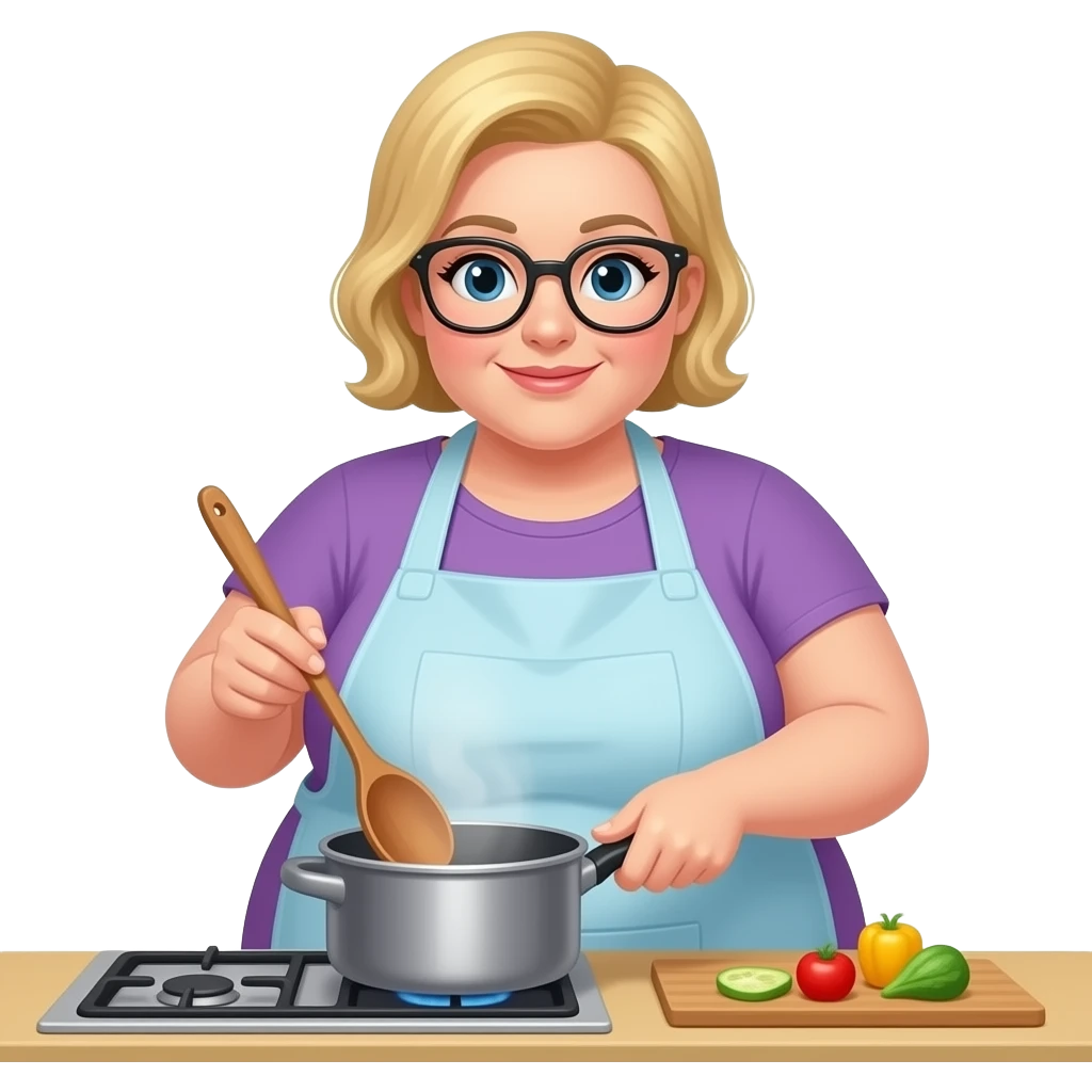 blondie  some overweight woman cooking, glasses, wooden spoon, buzz cut emoji