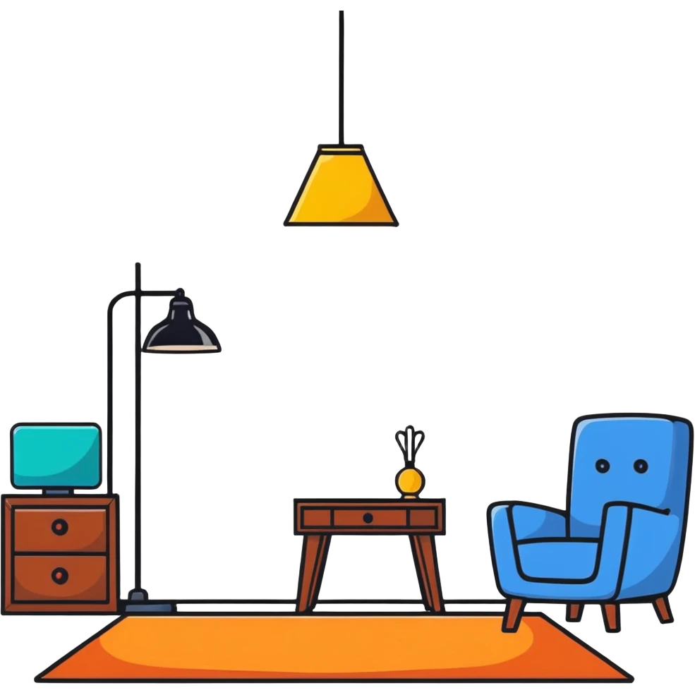 a colorful carpet on the floor in a cute room, with a lamp and chair emoji