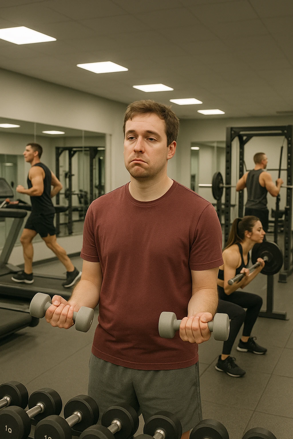 Uomo in palestra moderna, vestito con abbigliamento sportivo, mentre solleva manubri molto leggeri con espressione annoiata o poco coinvolta. Intorno a lui, altri atleti si allenano intensamente. Il suo fisico appare poco sviluppato o non in progresso. Atmosfera statica, senza sudore o fatica visibile, specchi puliti e attrezzi poco usati. Luce artificiale da palestra, ambiente pulito ma scena visivamente 'vuota' di sforzo emoji