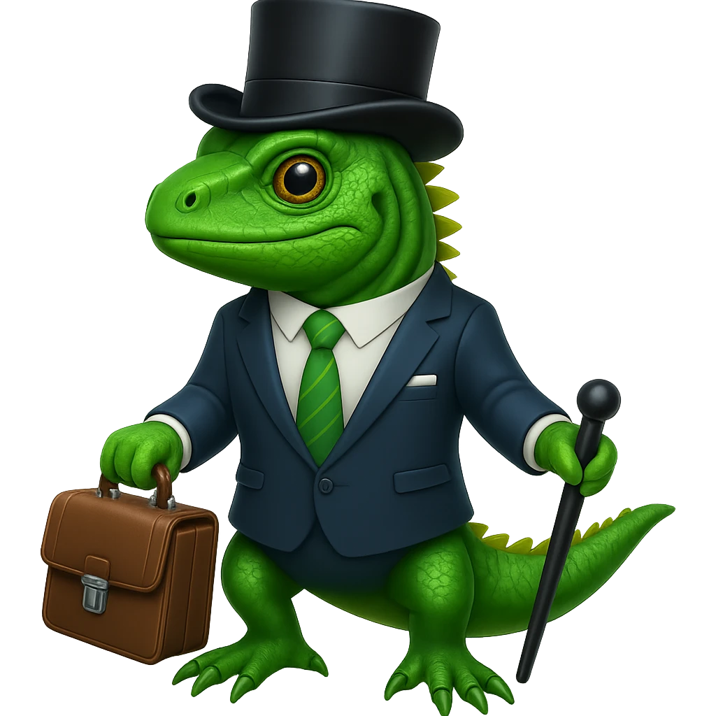 Add a top hat and cane to the capitalist iguana in a suit in the style of apple emojis. Keep the apple emoji style consistent with the original image. emoji