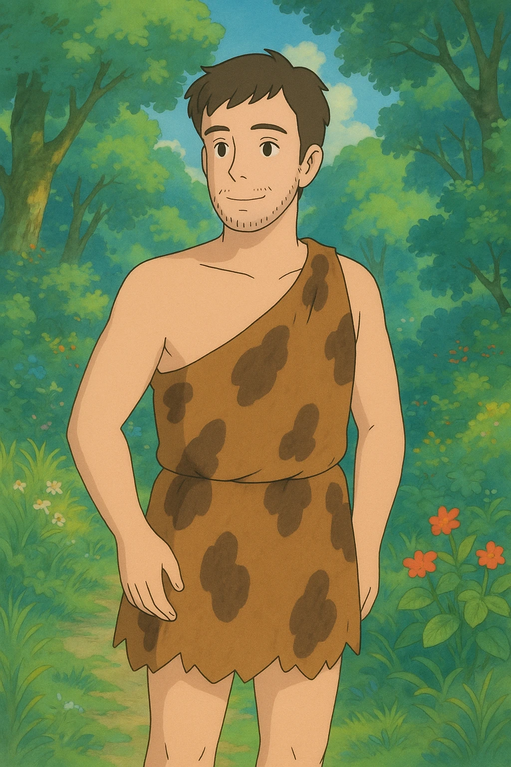 modern man in a caveman costume, soft colors, gentle expression emoji