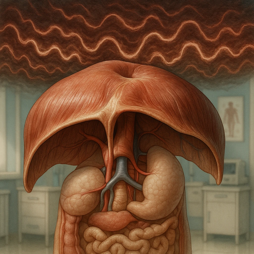 hyper realistic diaphragm represented as a filter: stress waves above, calm environment below, anatomical details, visual separation effect, medical environment, realistic colors emoji
