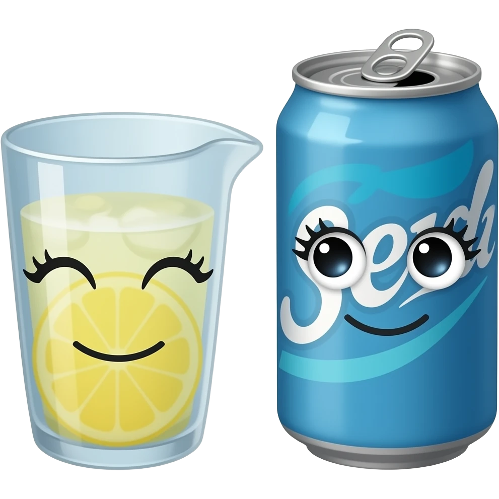 A plain blue soda can with a cute face and a pitcher of lemonade with a cute face with eyelashes emoji