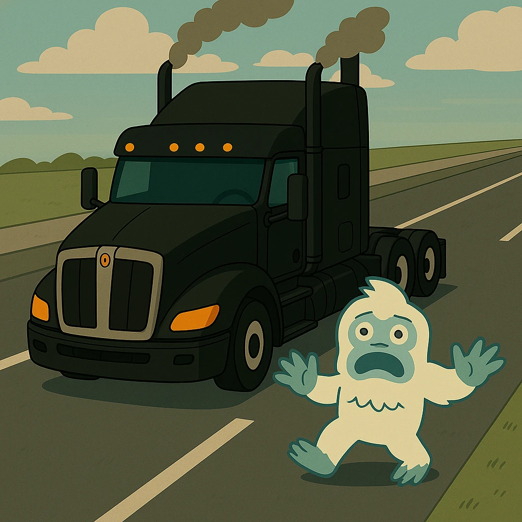 Place the small yeti (abominable snowman) on a highway in front of the modern black Kenworth W680 flat top semi sleeper, top-down animated style, no text, with a visible road background. emoji