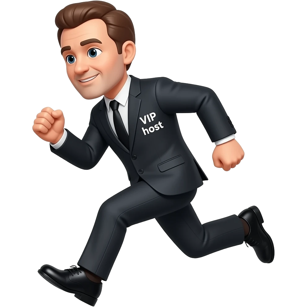 older man with brown hair, no facial hair, wearing a suit that says vip host and dress shoes running to the left emoji