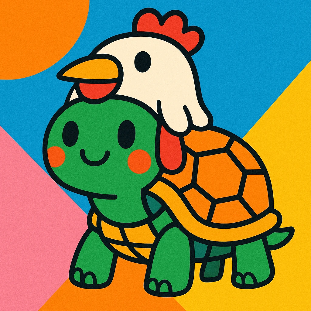 a turtle wearing a chicken hat, fun and whimsical style, colorful and playful, cartoonish emoji