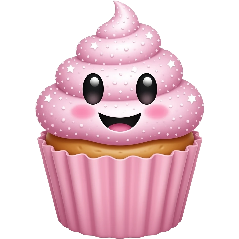 Um cupcake rosa com muito brilho, feliz e sorridente, com um rosto... emoji