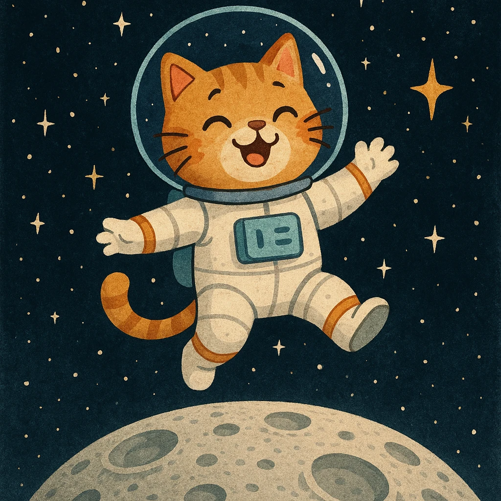 astronaut cat with helmet, floating above the moon, playful expression emoji