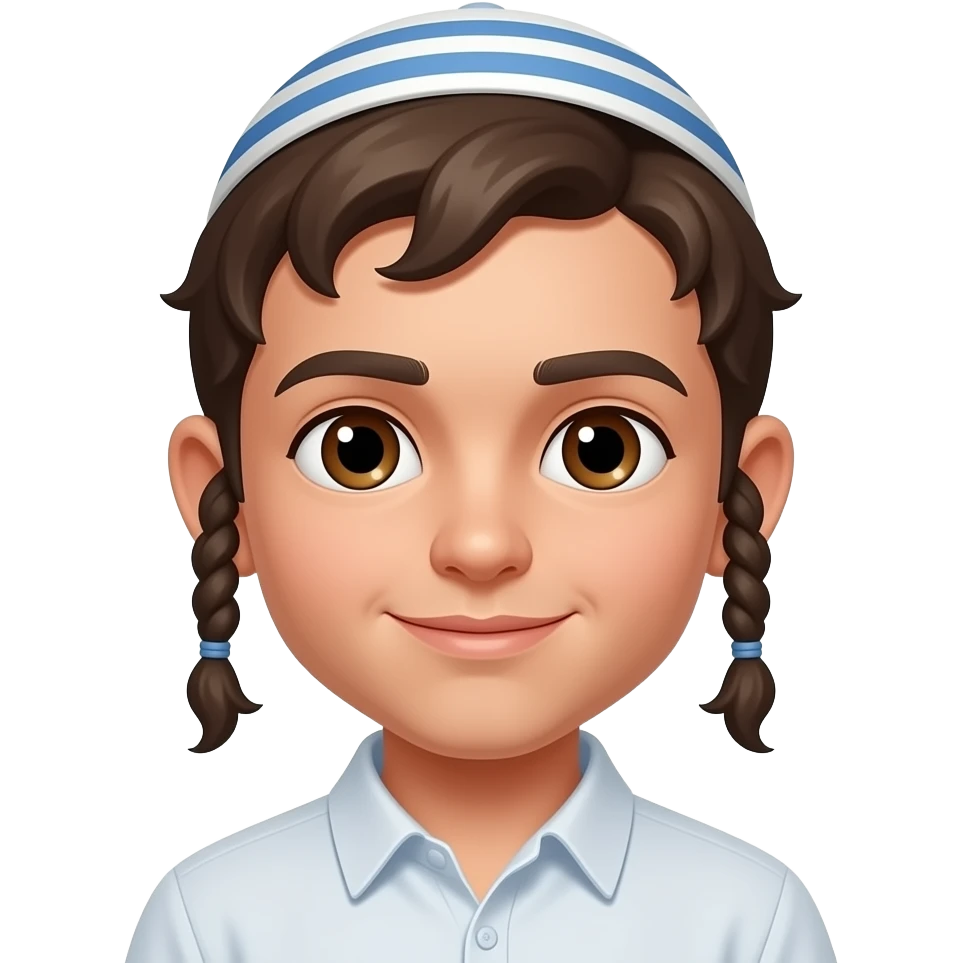 Payot curly long style hair by ears Jewish boy with yamaka brown eyes emoji