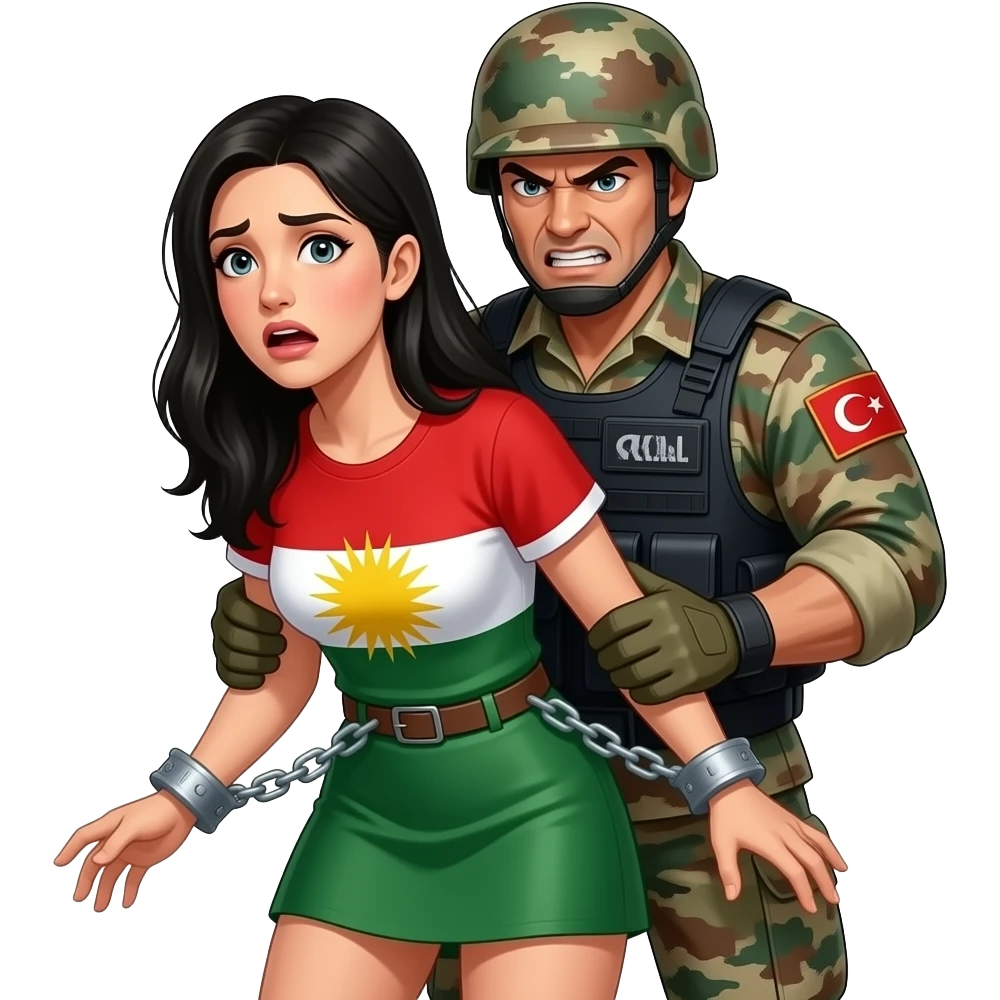Kelepçeli siyah saçlı beyaz tenli ve mini etekli Kürdistan bayrağı giyen korkmuş bir kadın ve arkasında onu kelepçeleyen azgın bir  Türk asker emoji