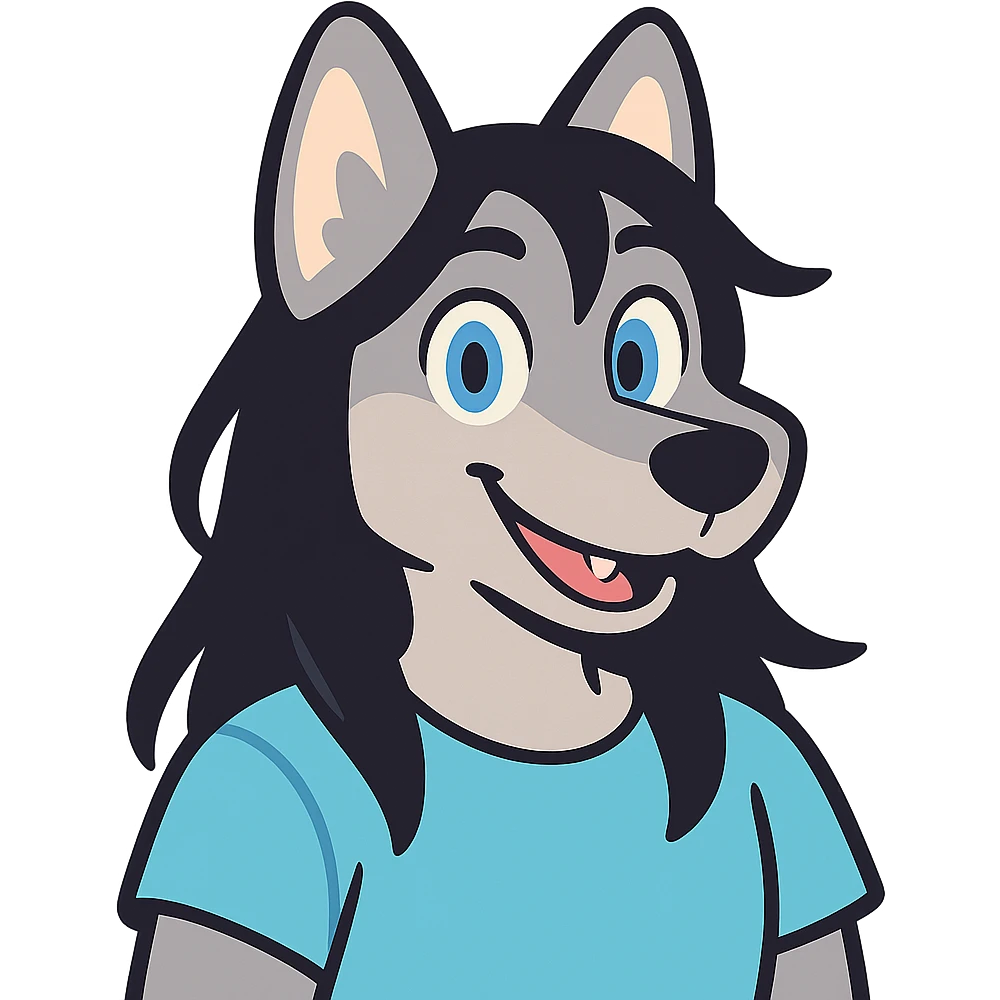 anime style wolf furry character with blue eyes, long black hair, wearing a light blue shirt emoji