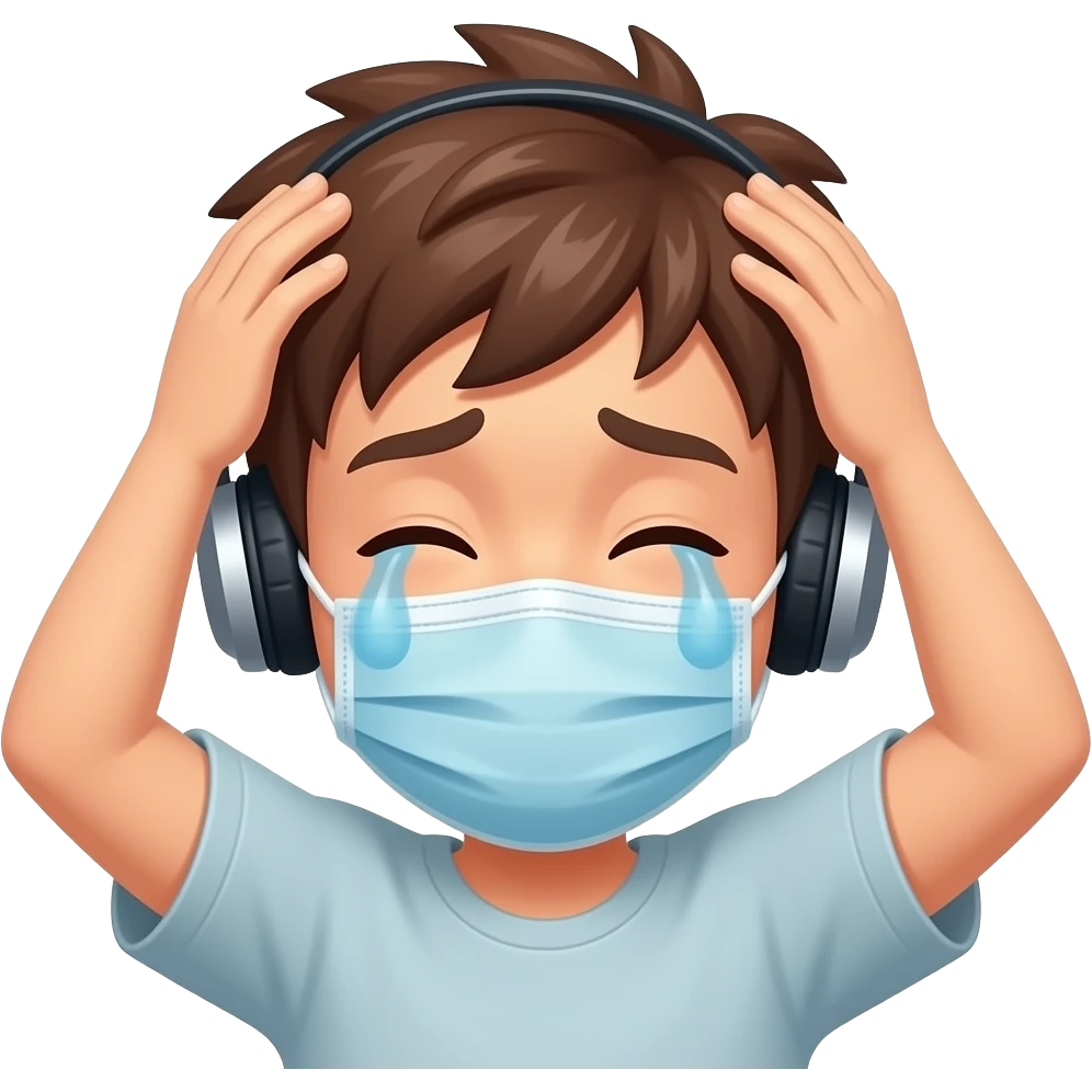 crying face with a smile and with brown messy hair and a mask and some head phones and hands on his head emoji