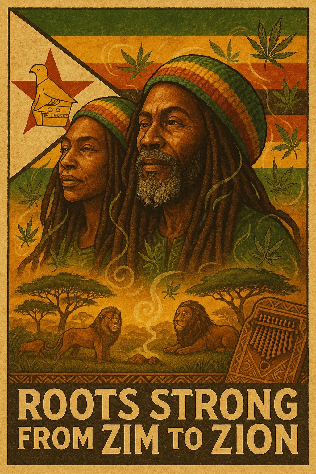 Design a powerful digital illustration in vintage poster style featuring a proud Zimbabwean Rasta man and woman with long dreadlocks and a knitted red, gold, and green tam. The background should blend the iconic Zimbabwe flag with textured detail — the red star, bird emblem, and bold stripes clearly visible but stylized with artistic flair. Add rich African earth tones, golden sunlight, and natural scenery like acacia trees, lions, or smoke from a healing herb circle. The Rasta should have a wise, peaceful expression — eyes full of ancient memory and inner fire. Incorporate ganja leaves subtly in the design, maybe flowing with the wind or circling the character like aura energy. Accent with traditional Shona patterns or mbira (thumb piano) motifs. Let the message reflect strength, unity, and ancestral healing. Optional text: “Roots Strong from Zim to Zion” or “Mash up Babylon from Harare to di hills.” emoji