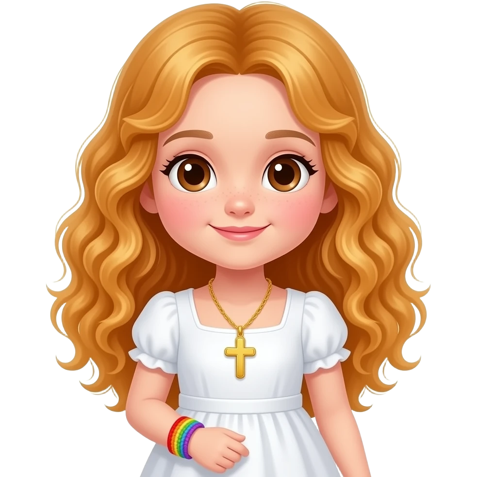 little girl with pale skin, pink cheeks, waist length tight curly, oranegish warm blond hair, big brown eyes, dimples, white dress, golden locket with a cross engraved on it, and a rainbow crocheted bracelet on her wrist. emoji