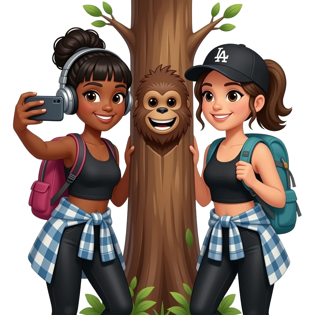 A black woman with bangs, a messy bun, headphones and a Hispanic Woman with dark blonde hair in a ponytail wearing a black LA hat hiking in the forest stop to take a selfie together with a smiling cute Bigfoot peaking behind a tree. Both wearing comfortable black leggings, tank tops and flannel emoji