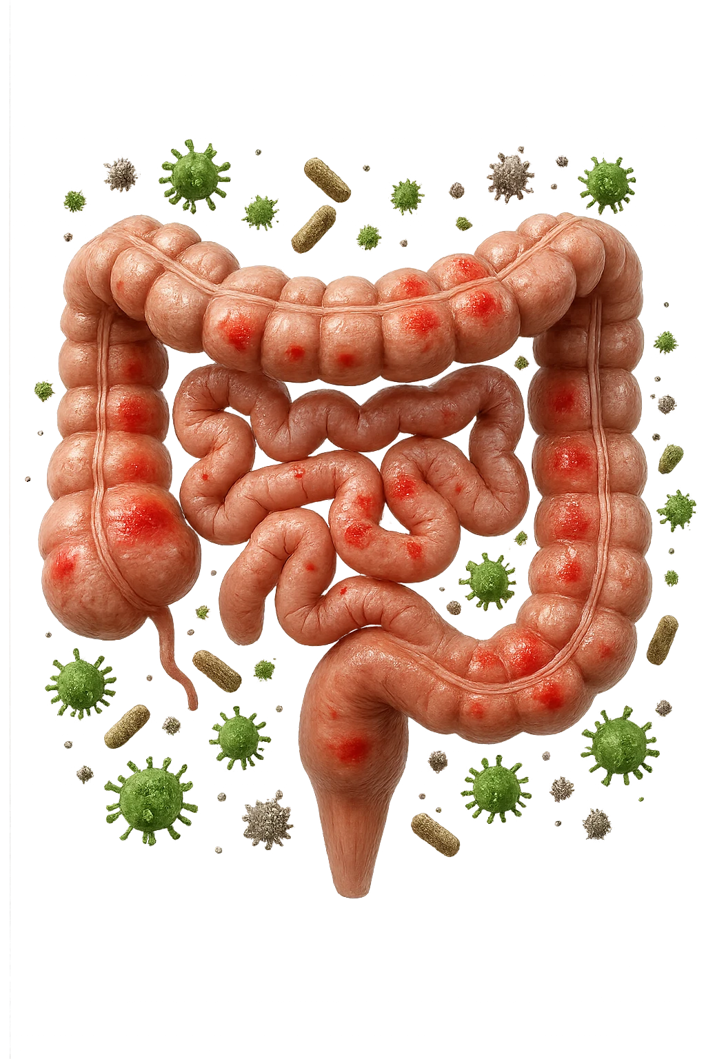 intestino anatomico realistico con red spot di infiammazione CON VARIE PARTICELLE TOSSICHE CHE CERCANO DI ATTACCARLO, IPERREALISTICO 4K emoji