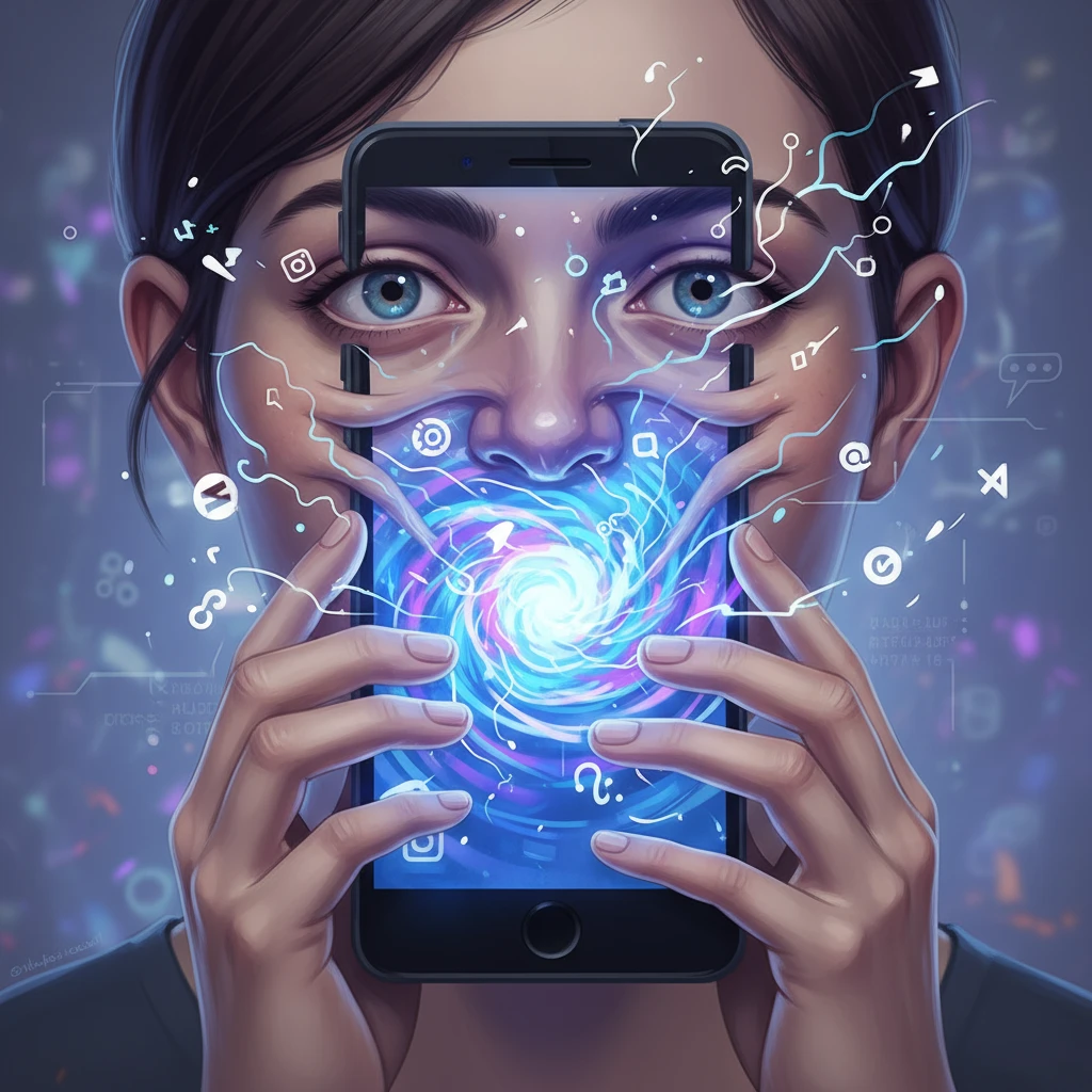 Лицо человека, который держит близко перед лицом смартфон и экран будто бы засасывает его мысли и лицо, слегка рисованный но при этом реалистичный и объемный стиль emoji
