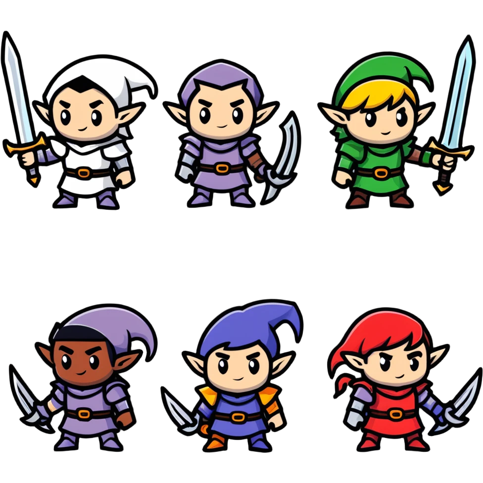 Lineage 2 character group with Human knight, Elf archer, Dwarf fighter, and Dark Elf mage emoji