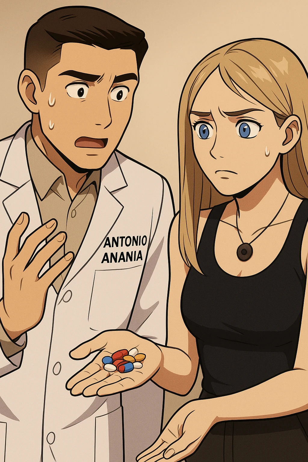 fai un webtoon/manga a colori con questo kinesiologo in camice bianco (fagli la scritta "ANTONIO ANANIA" SUL CAMICE) CHE PARLA CON QUESTA RAGAZZA CON GLI OCCHI AZZURRI. LA RAGAZZA HA UN PUGNO DI INTEGRATORI IN MANO (TANTE PILLOLE DIVERSE) E LE GUARDA DUBBIOSA. IL KINESIOLOGO CON IL CAMICE BIANCO LE DOMANDA UNA COSA SCIOCCATO. NON FARE I FUMETTI, FAI SOLO LORO COME SE DIALOGASSERO emoji