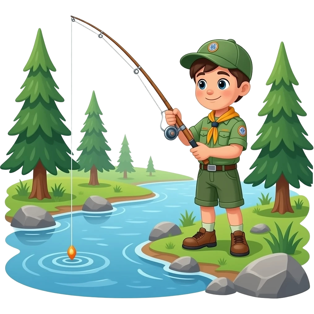 a boy scouton the coast of a river fishing emoji
