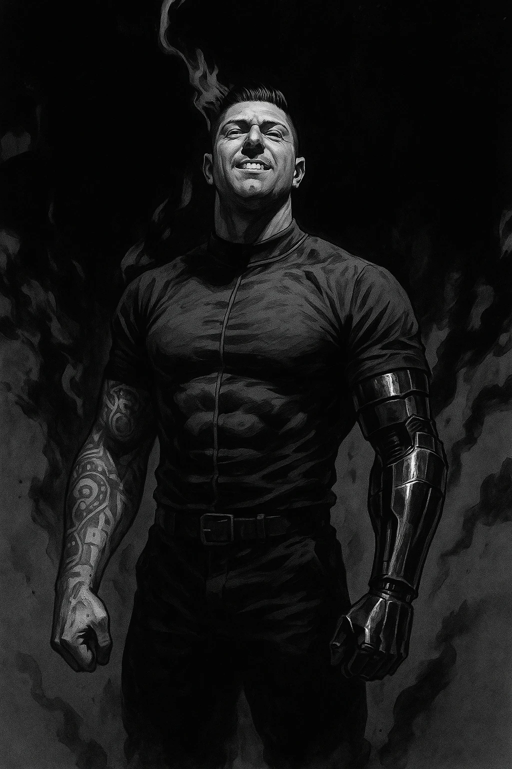 Black and white comic book panel of an extremely muscular African American man with cybernetic implants standing in the dark, surrounded by smoke. He is wearing a long-sleeved shirt with a high collar, and his chest is sculpted. emoji