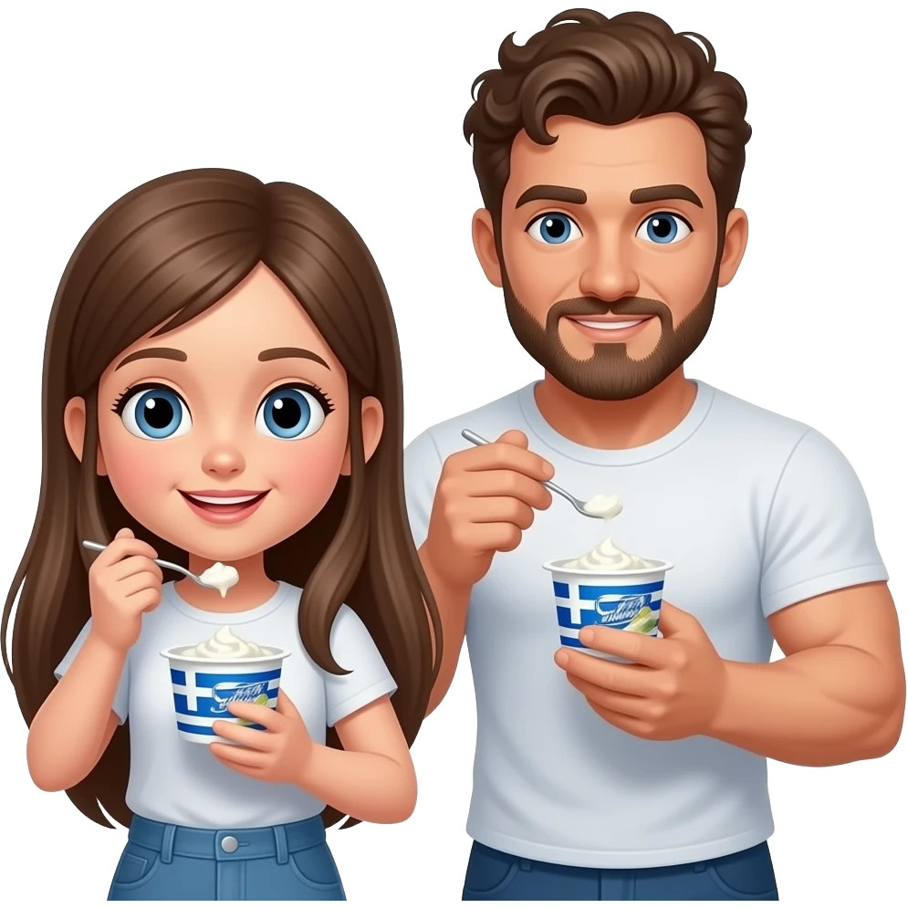 Realistic pale skin brown long straight hair girl eating greek yogurt and her short brown curly hair and beard muscular man eating greek yogurt HD emoji
