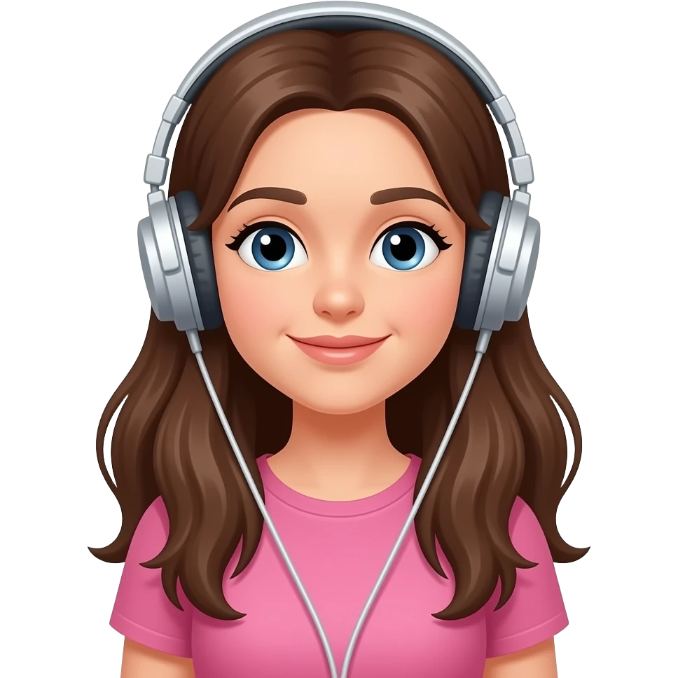 Tinédzer arca legyen a lánynak rózsaszín felső legyen rajta és zenét hallgasson és hosszú barna haja legyen emoji
