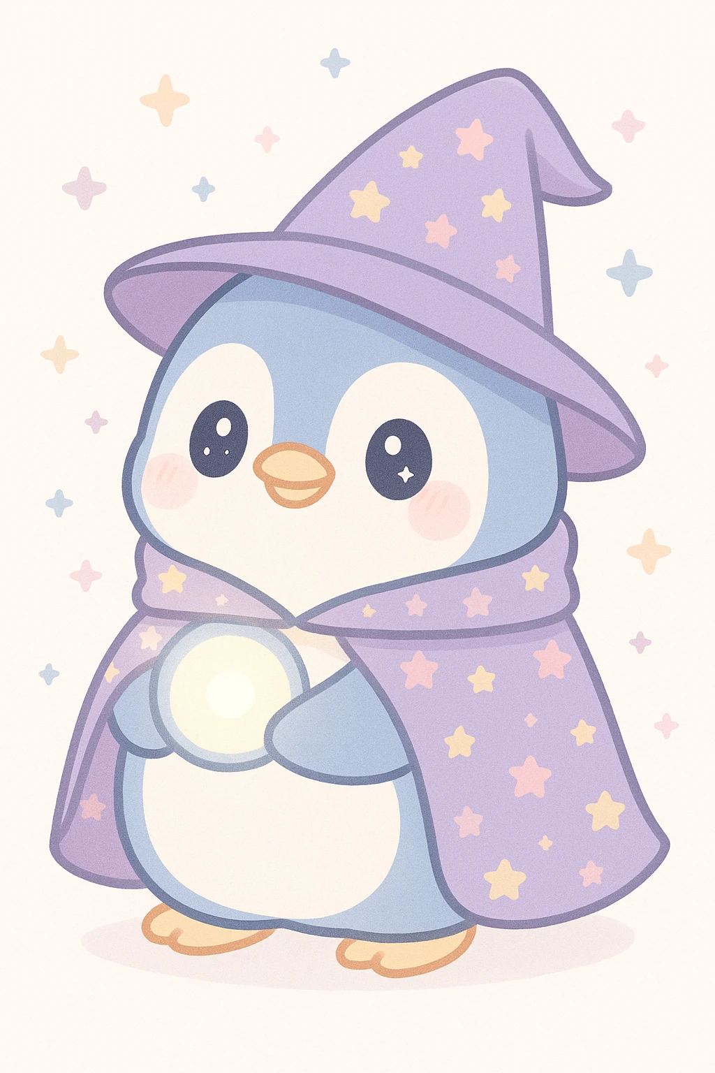 a chubby penguin wizard with a starry cloak and a glowing orb, in a soft, rounded illustration style emoji