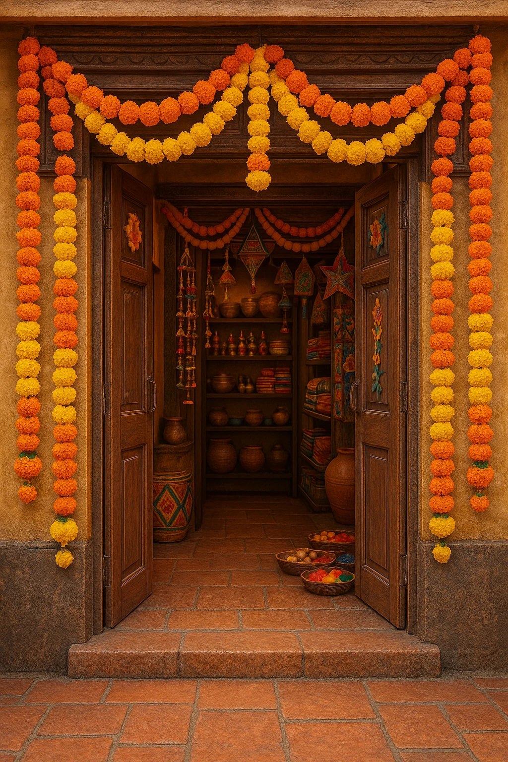 an Indian shop decorated with marigold garlands, open door, welcoming, no text emoji