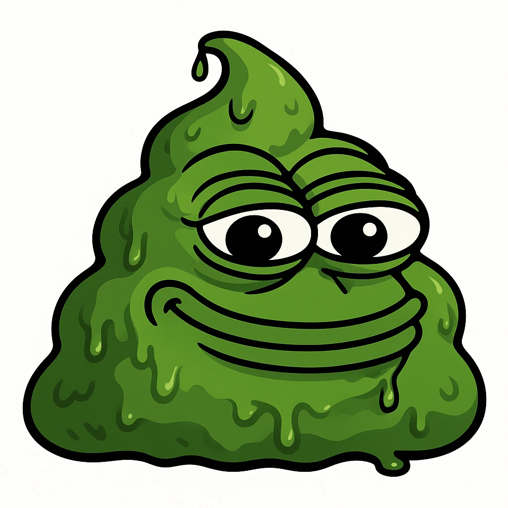 Make this green, goopy AI slop emoji look more like the classic poop emoji shape, but keep the green color and goopy, slimy texture. Add a mischievous, silly face in the style of Pepe the Frog meme. emoji