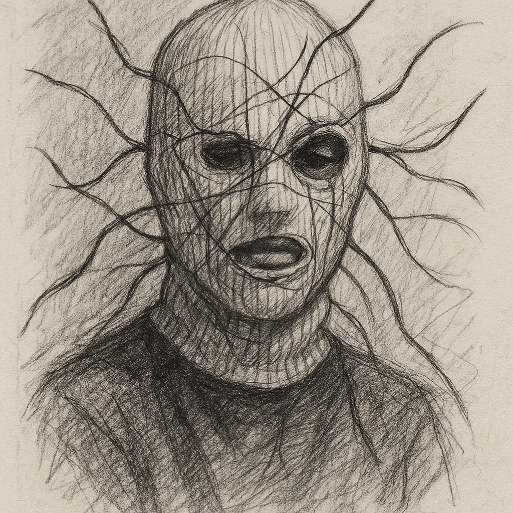 The mask is a full-head, white knitted balaclava with a tight ribbed texture. It features two asymmetrical eye openings and a partially exposed mouth area. Black thread is stitched across the surface in chaotic, abstract lines that trace facial features, giving a hand-drawn effect. Several black cords extend outward from the mask, varying in length and direction, adding a sculptural, almost organic appearance. The overall look is bold, handcrafted, and visually striking. emoji