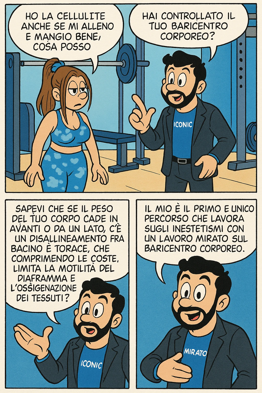 TRASFORMA QUESTO CAROSELLO IN UN FUMETTO STILE FUMETTO TOPOLINO CON QUESTE DUE PERSONE IDENTICHE CHE INTERLOQUISCONO TRA LORO:

LEI: Ho la cellulite anche se mi alleno e mangio bene, cosa posso fare?

LUI: Hai controllato il tuo baricentro corporeo?
LUI: Sapevi che se il peso del tuo corpo cade in avanti o da un lato, c’è un disallineamento fra bacino e torace, che comprimendo le coste, limita la motilità del diaframma e l’ossigenazione dei tessuti?
LUI: Il mio è il primo e unico percorso che lavora sugli inestetismi con un lavoro mirato sul baricentro corporeo. emoji