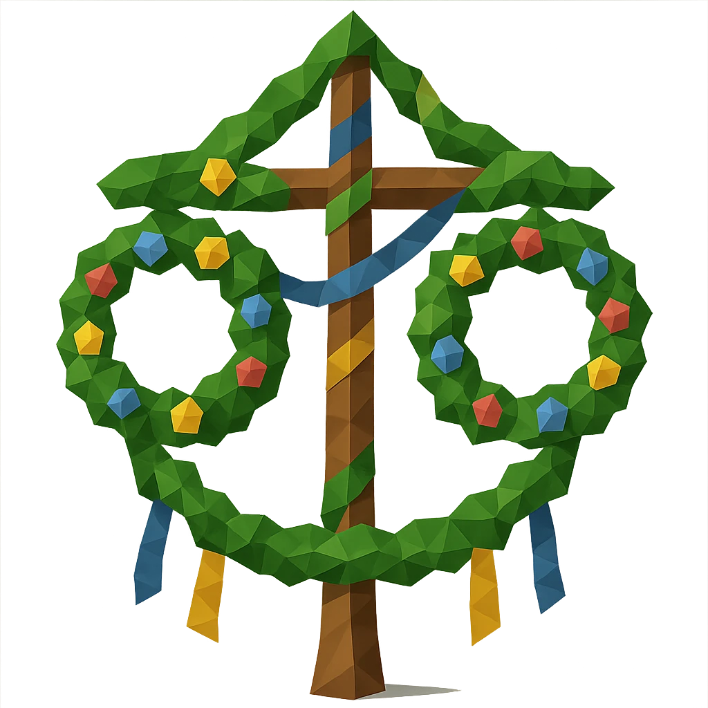 Add traditional Swedish details to the midsommarstång: include a wooden crossbar, two large floral wreaths hanging from the ends, blue and yellow ribbons spiraling around the pole, and a leafy garland draped in a U-shape between the wreaths, maintaining the polygonal style. emoji