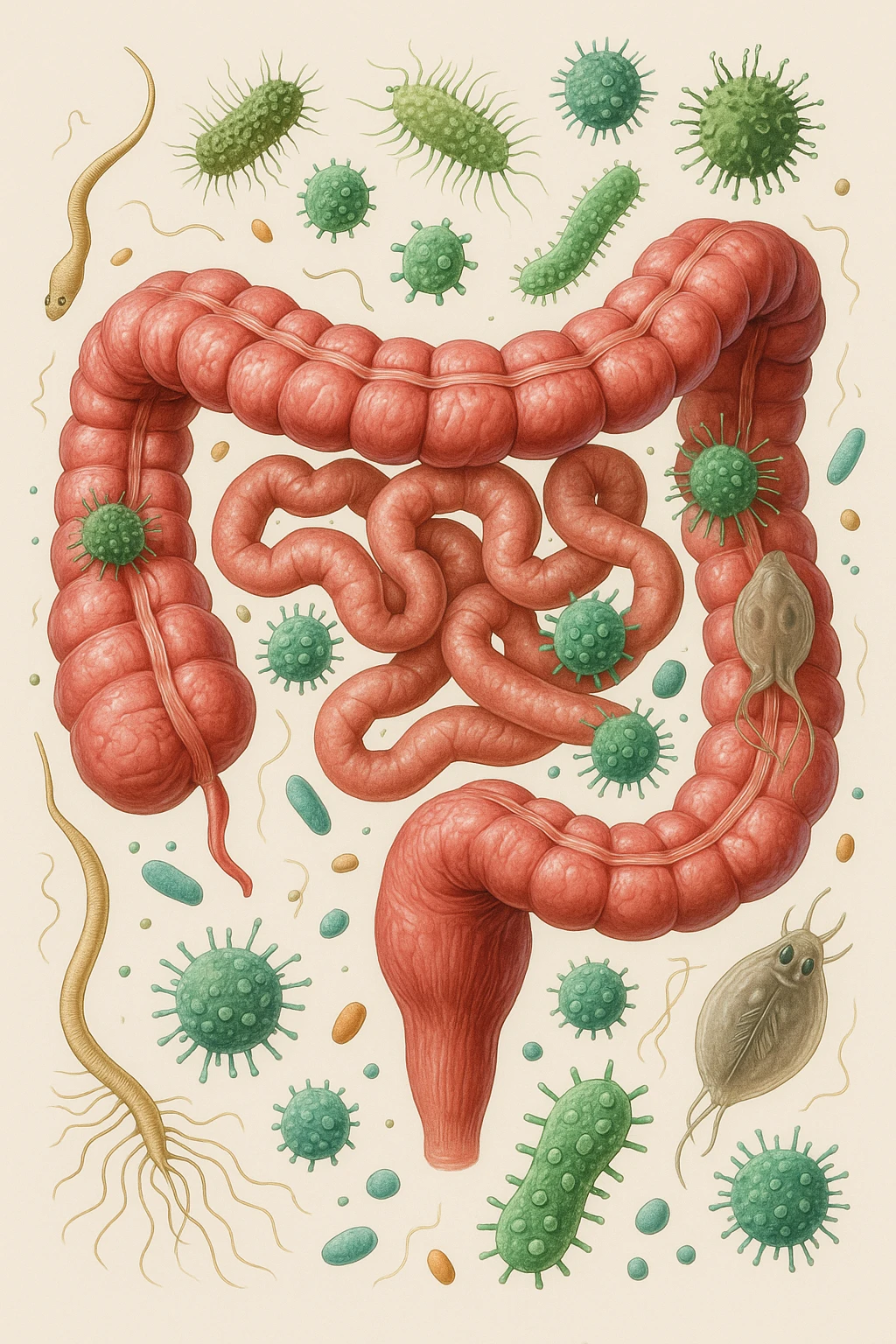 INTESTINO UMANO ANATOMICO CON BATTERI E PARASSITI INTORNO, SFONDO CHIARO NEUTRO, IPERREALISTICO 4K emoji