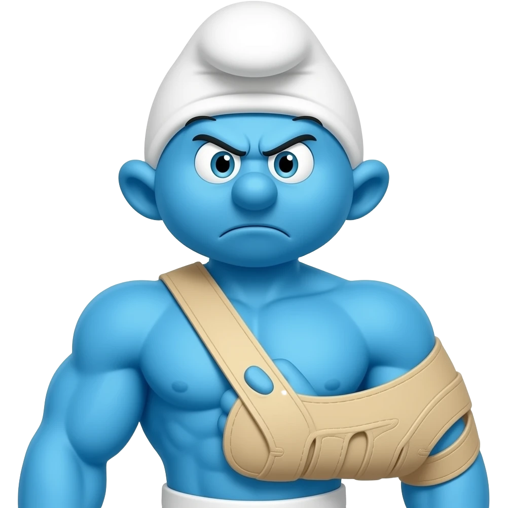 generami l'immagine di un puffo muscoloso, con il tutore alla spalla perchè ce l'ha dislocata che è arrabbiato emoji