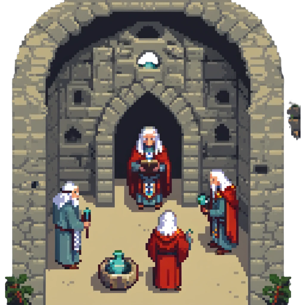 conclave of wise elders in an ancient stone chamber pixel art style emoji