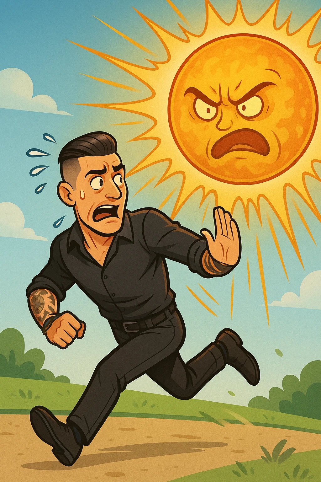Uomo che corre via dal sole spaventato perchè pensa sia nocivo emoji