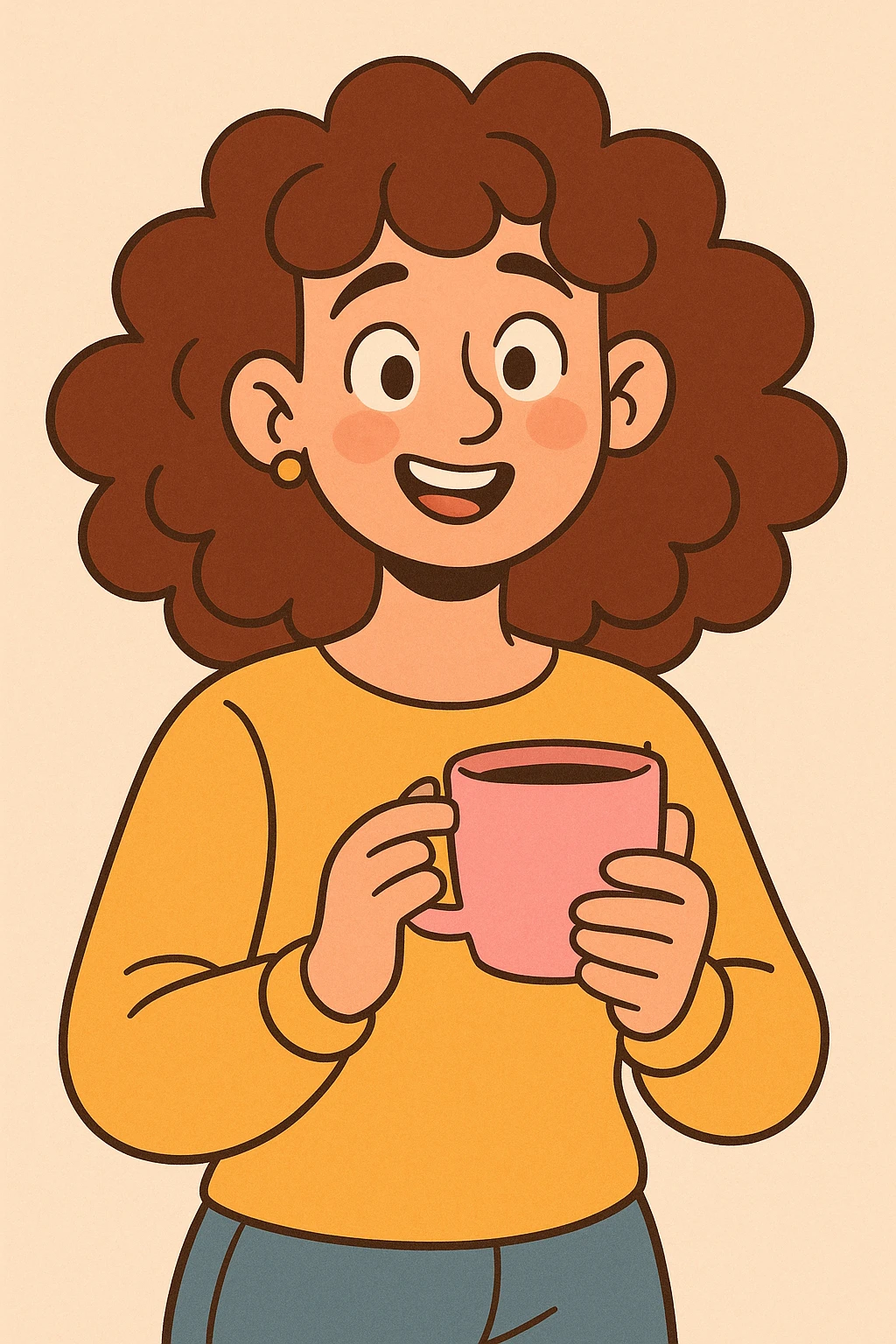 young white woman with curly brown hair, holding a pink coffee cup, soft and warm cartoon style emoji