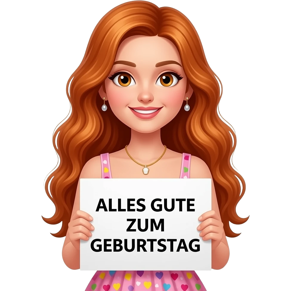 sexy girl with long wavy ginger hair and ginger eyes wearing a birthday dress is holding a white colored sign with ALLES GUTE ZUM GEBURTSTAG written on it emoji