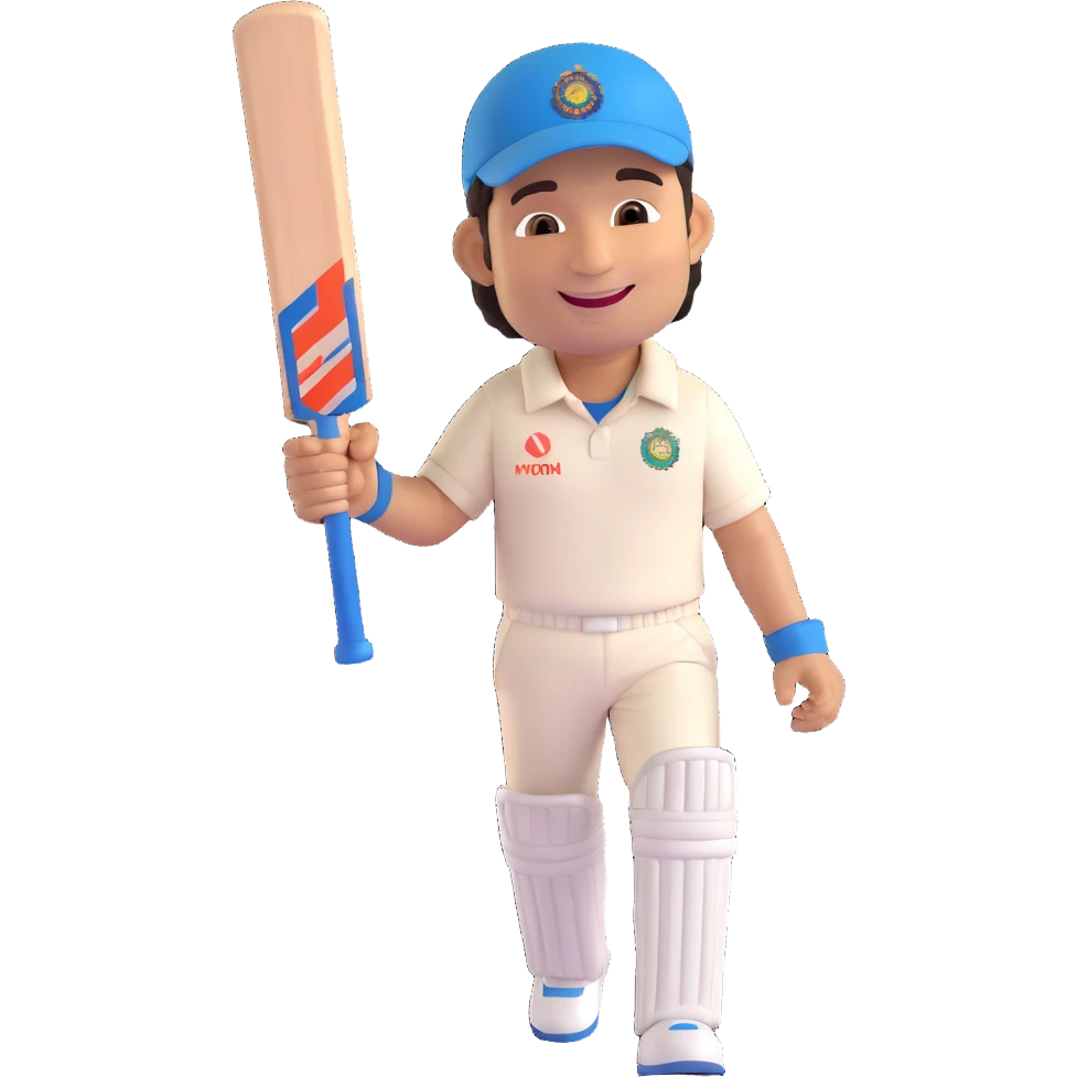 emoji-style illustration of Sachin Tendulkar celebrating a cricket century, cheerful smile, simplified and bold features, holding cricket bat raised in triumph, joyful expression, wearing cricket attire, impression of excitement and achievement, fun and lively emoji emoji