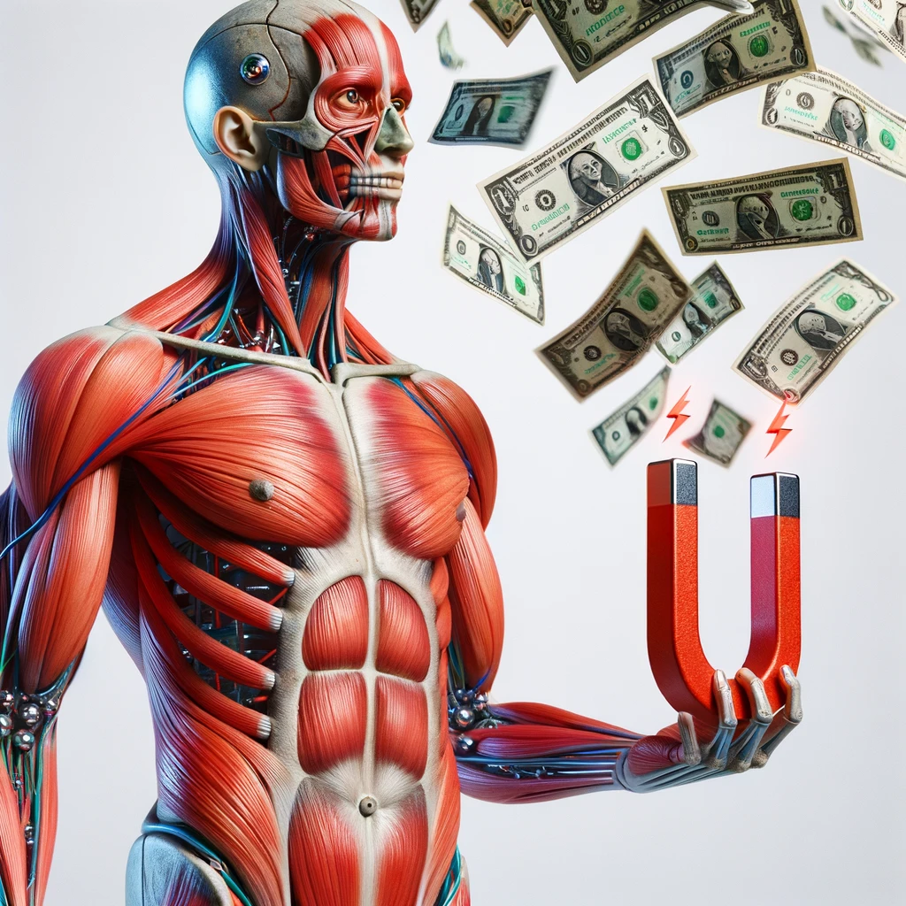 corpo umano anatomico con calamita rossa in mano che attira banconote, iperrealistica 4k, isolato su sfondo bianco emoji