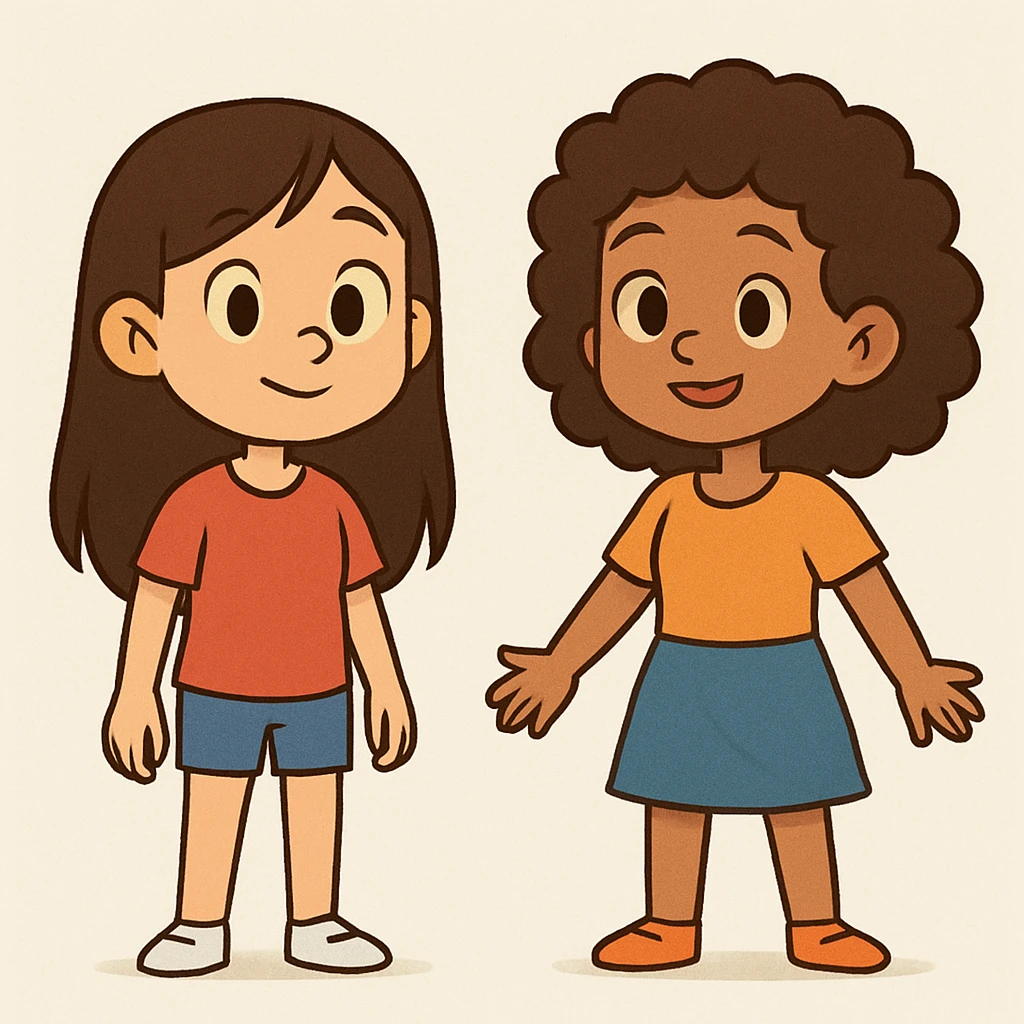 Slightly increase the volume of the upper body of the girl, significantly spread them apart from each other, make the skin color the same for both characters, keep the cartoon style as in the reference image. emoji